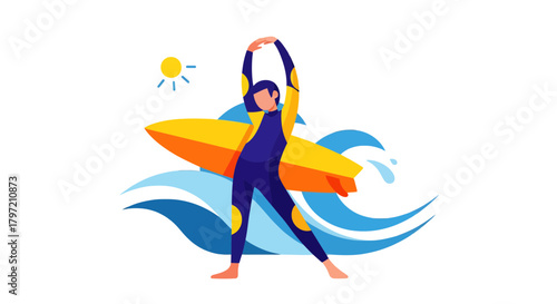 Surfer Energized For Waves Ahead Represented With Sun, Surfboard, and Ocean Waves