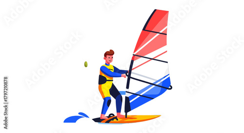 Thrilling Windsurfing Scene: Animated Illustration of a Watersport Champion on Black Background