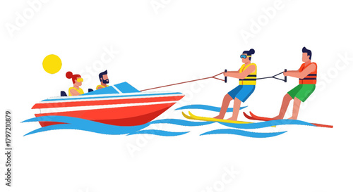 Thrilling Water Sports Experience Featuring Boat, Skis, and Enthusiastic Participants