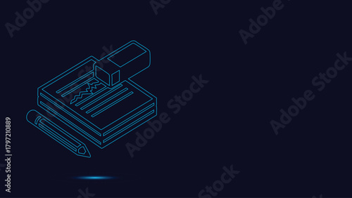 Digital Isometric Blue Neon Outline Drawing Featuring Essential School and Office Supplies Including a Sharpened Pencil Stack of Paper Documents and a Correction Rubber Eraser for Educationa