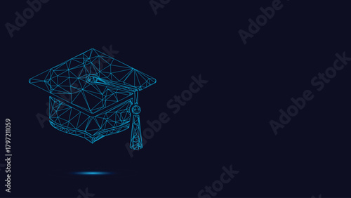 Futuristic Digital Graduation Cap Low Poly Wireframe Design With Glowing Blue Lines Representing Academic Success And Modern Educational Technology On A Dark Background Concept