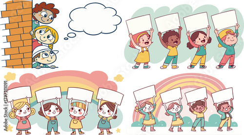 Kids with Blank Signs, Speech Bubble & Rainbow – Classroom Poster & Sticker Set (Vector)
