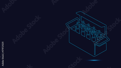 Glowing Blue Neon Ammunition Box Isometric Outline Vector Graphic Illustration Displaying Multiple Rifle Cartridges Ready For Use In A High-Tech Dark Environment Background Design Element