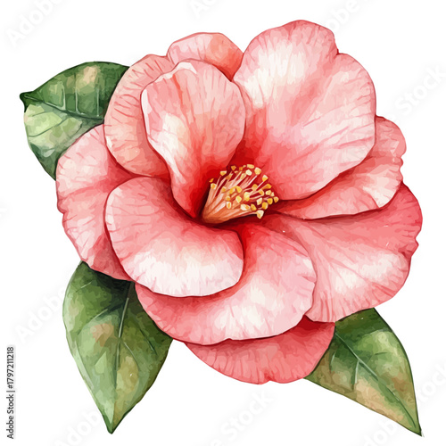 A minimal layout design, a Watercolor painting of a camellia flower, delicately hand-painted with artistic brush strokes, white background, vector EPS