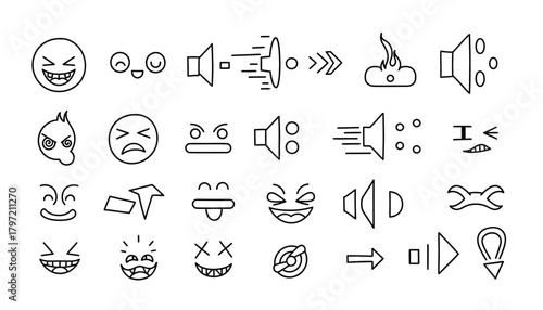 Collection of hand drawn expressive facial emojis and sound wave icons representing emotions and audio communication in a doodle art style