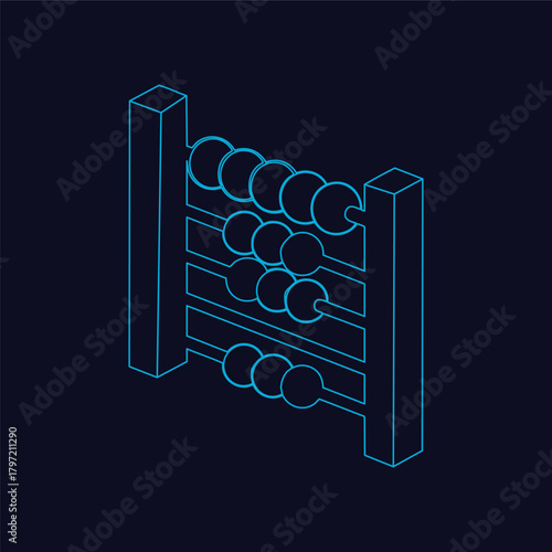 Highly Detailed Isometric Abacus Counting Frame Vector Graphic Featuring Bright Blue Neon Outline Style Perfect for Financial Technology Education and Mathematical Calculations