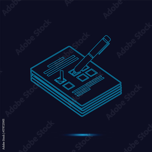 Isometric Neon Blue Outline Vector Graphic Showing a Stack of Business Documents and a Pen Marking a Checklist Box Highlighting Successful Task Completion and Digital Data Reporting on a Dar
