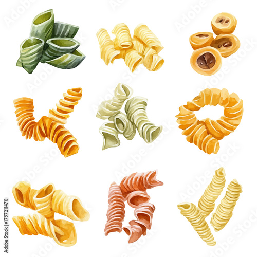 A minimal layout design, a Watercolor painting of a cavatappi_pasta, delicately hand-painted with artistic brush strokes, white background, vector EPS