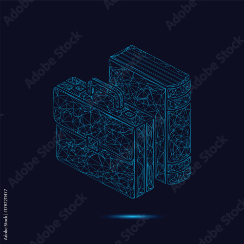 Isometric Wireframe Briefcase And Large Textbook Representing Legal Education Business Knowledge And Corporate Data Technology Concepts On A Dark Blue Background Vector Illustration
