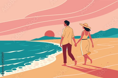 A loving couple joyfully holding hands, walking barefoot along a serene beach, bathed in soft, warm sunlight.