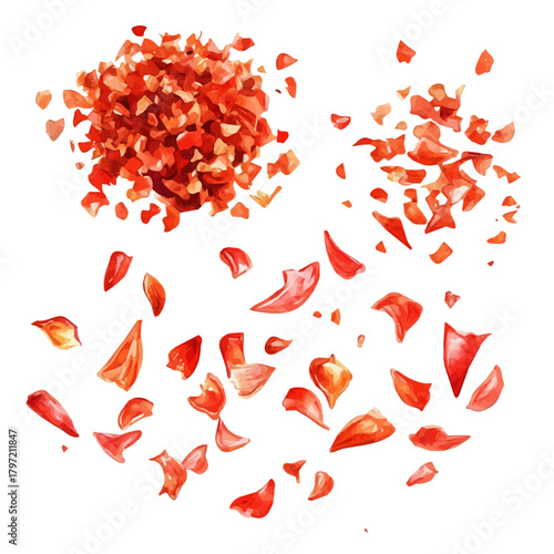 A minimal layout design, a Watercolor painting of a chili_flakes, delicately hand-painted with artistic brush strokes, white background, vector EPS