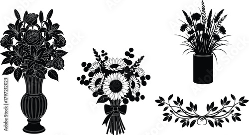 Elegant floral vase and bouquet silhouette collection, sunflower bouquet, leaf ornament, and flower arrangement vector design for decoration