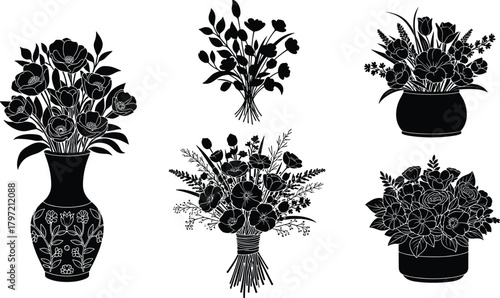 Elegant black flower vase and bouquet silhouette collection, floral arrangement vector set for design, art, decoration, and digital illustration