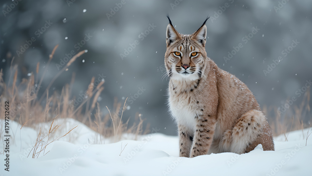 Fototapeta premium Lynx in the Snow. Rare Wildlife Photography. Ultra Realistic Lynx Images. Snowy Landscape and Lynx Encounter.