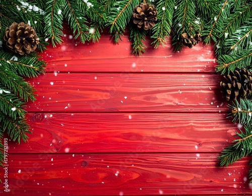 A festive Christmas background made of rustic red wooden planks with green fir branch.