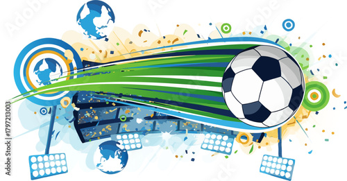 Dynamic football celebration with globes and stadium lights creating a vibrant global sports event atmosphere