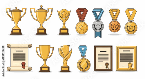 Vector Collection of Trophies, Medals, and Certificates for Achievement and Recognition
