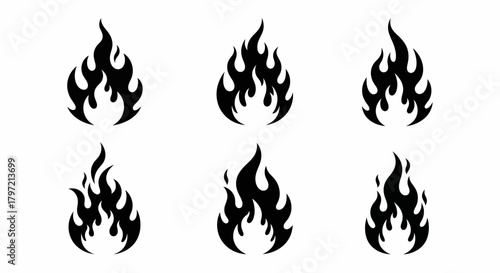 Vector Fire Icons Collection of Flames and Fireballs in Black Silhouette