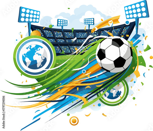 Dynamic soccer stadium celebration with global appeal and vibrant energy
