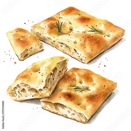 A high-quality watercolor illustration of a focaccia bread hand-drawn and isolated on a white background, with fine brush details, painting set in watercolor style, EPS format