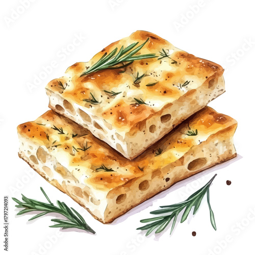 A high-quality watercolor illustration of a focaccia bread hand-drawn and isolated on a white background, with fine brush details, painting set in watercolor style, EPS format