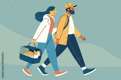 A joyful couple strolls with their beloved feline companion during a scenic car journey, capturing life's simple pleasures.