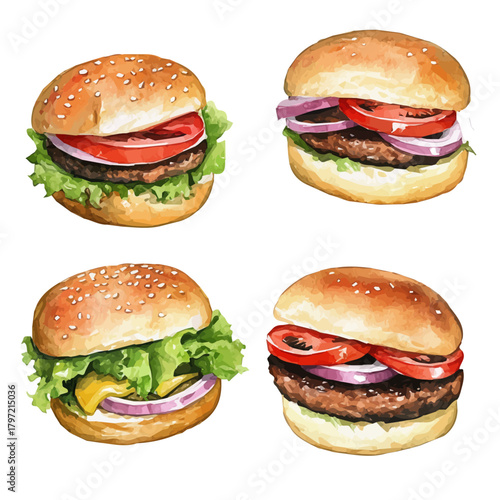 A minimal layout, a Watercolor painting of hamburger bun, delicately hand-painted with artistic brush strokes, white background, vector EPS. vector