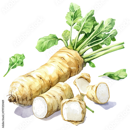 A watercolor-style horseradish set, softly painted and separated on a white background, is crafted as a minimal yet artistic element for creative designs. EPS format