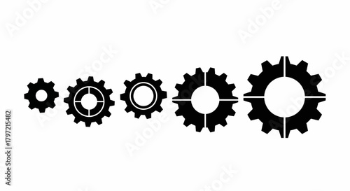 Vector Illustration Row of Five Gears with Varying Teeth and Interior Designs