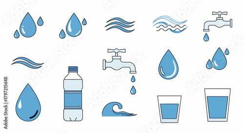 Refreshing Water Collection Vector Set of Drops, Faucets, and Waves for Eco-Friendly Designs