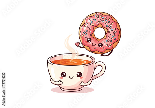 Adorable pink donut and steaming tea cup characters ready for a happy breakfast treat