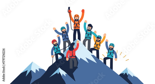 Triumphant Climbers Achieving Summit Victory On A Mountain Peak Against Black Background