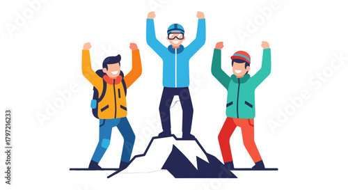Triumphant Climbers Achieving Summit After Successfully Conquering the Mountain Peak