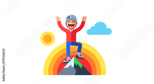 Triumphant Climber Reaching Summit With Joy and Vibrant Sunrise Backdrop