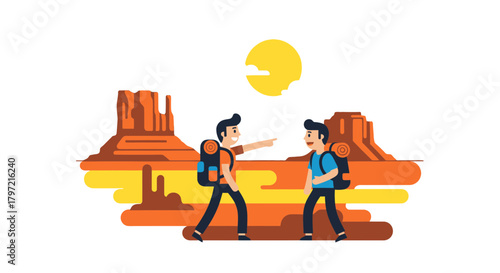 Two Friends Explore Desert Landscape Under Moonlight and Starry Sky Together