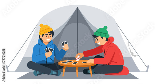 Two Friends Playing Cards Inside a Tent Enjoying Outdoor Camping Activities