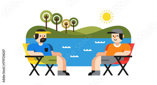 Two Friends Relaxing Beside a Lake Enjoying Nature And Sunny Weather Together