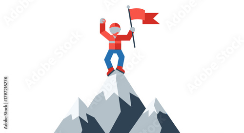 Triumphant Figure: Achieving Summits And Achieving Success With Flag Icon And Mountains