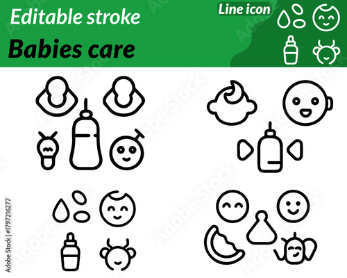 Babies care set line icon. Ideal for childcare centers baby products. parenting apps and medical services this icon represents love protection early development, and the gentle support babies.