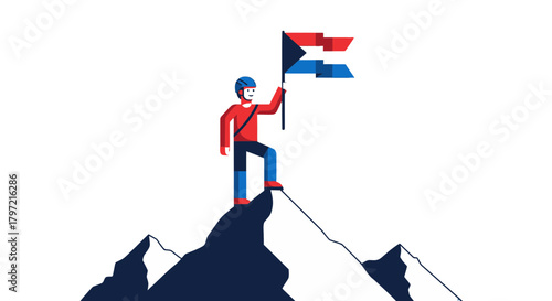 Triumphant Figure Standing At Summit, Holding Flag of Victory On Dark Background Achievement