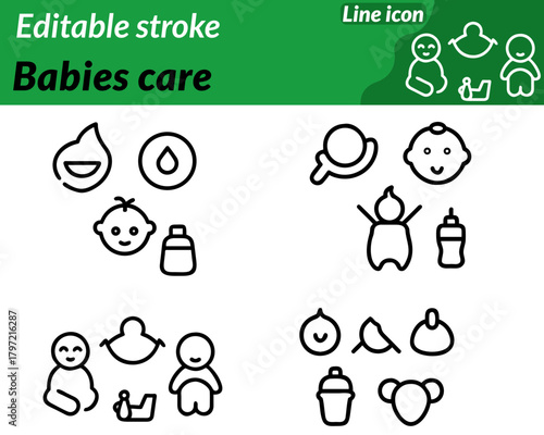 Babies care set line icon. Ideal for childcare centers baby products. parenting apps and medical services this icon represents love protection early development, and the gentle support babies.