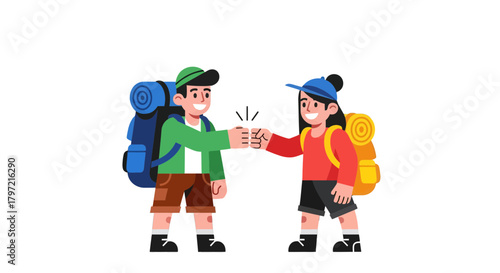 Two Happy Hikers Giving a Fist Bump in a Graphic Illustration with Backpacks