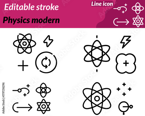 A sleek and modern physics icon character. Featuring an atom with orbiting electrons a wave symbol and a lightning bolt to represent. Energy motion and scientific principles. Clean geometric lines.