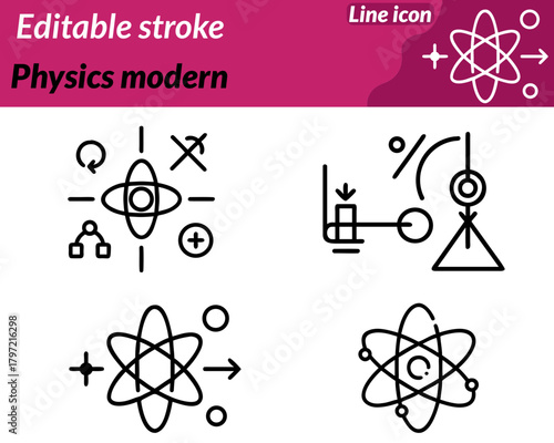 A sleek and modern physics icon character. Featuring an atom with orbiting electrons a wave symbol and a lightning bolt to represent. Energy motion and scientific principles. Clean geometric lines.