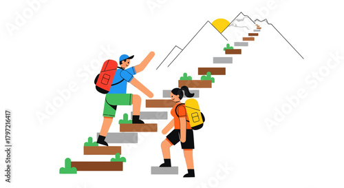 Two Hikers Climbing Up The Stairs To The Top Of The Mountain For Adventure
