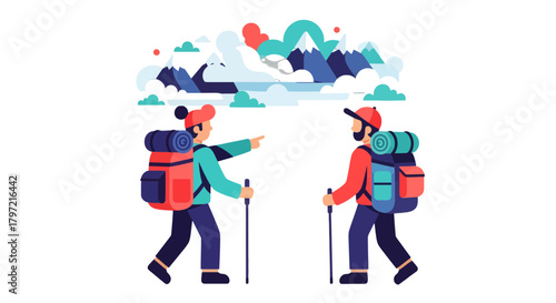 Two Hikers Embark on a Journey Towards the Mountain's Summit Adventure Scene Vector