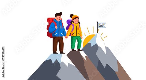 Triumphant Hikers Celebrate Ascent to Mountain Peak, Reaching Goals and Dreams Successfully