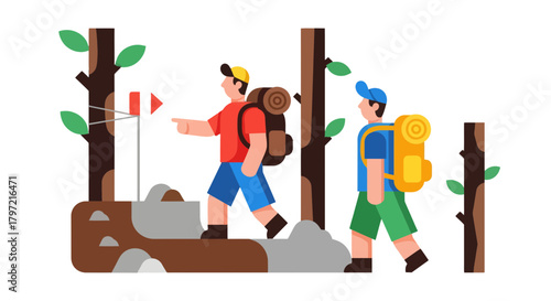 Two Hikers Exploring a Forest Trail with Backpacks on Their Adventure