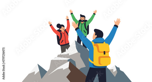 Triumphant Hikers Celebrate Peak Achievement After Reaching Mountain Summit's Crest