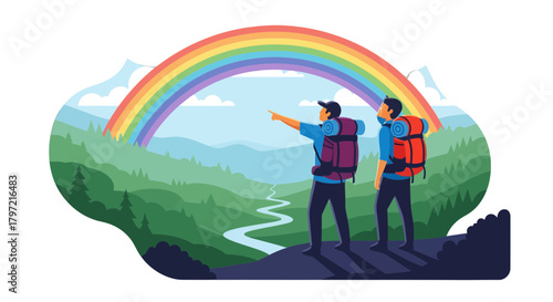 Two Hikers Enjoying The View Under A Vivid Rainbow During Their Adventure Trip
